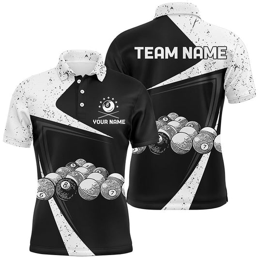 Billiard Polo Shirts, Personalized Black White Grunge Billiard Balls Polo Shirts, Custom 8 Ball Pool Team Shirts, Billiards Team Shirts