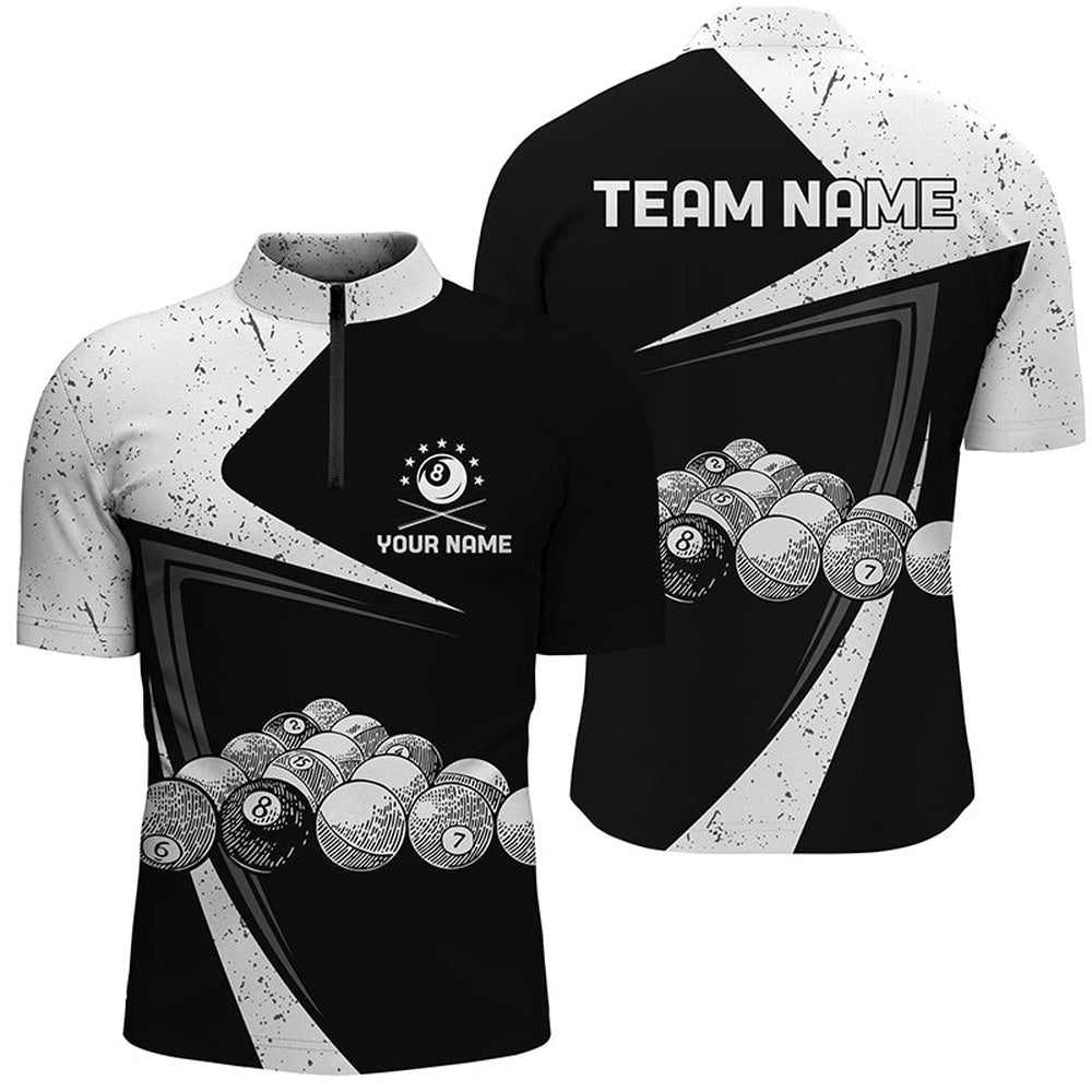 Billiard Polo Shirts, Personalized Black White Grunge Billiard Balls Polo Shirts, Custom 8 Ball Pool Team Shirts, Billiards Team Shirts