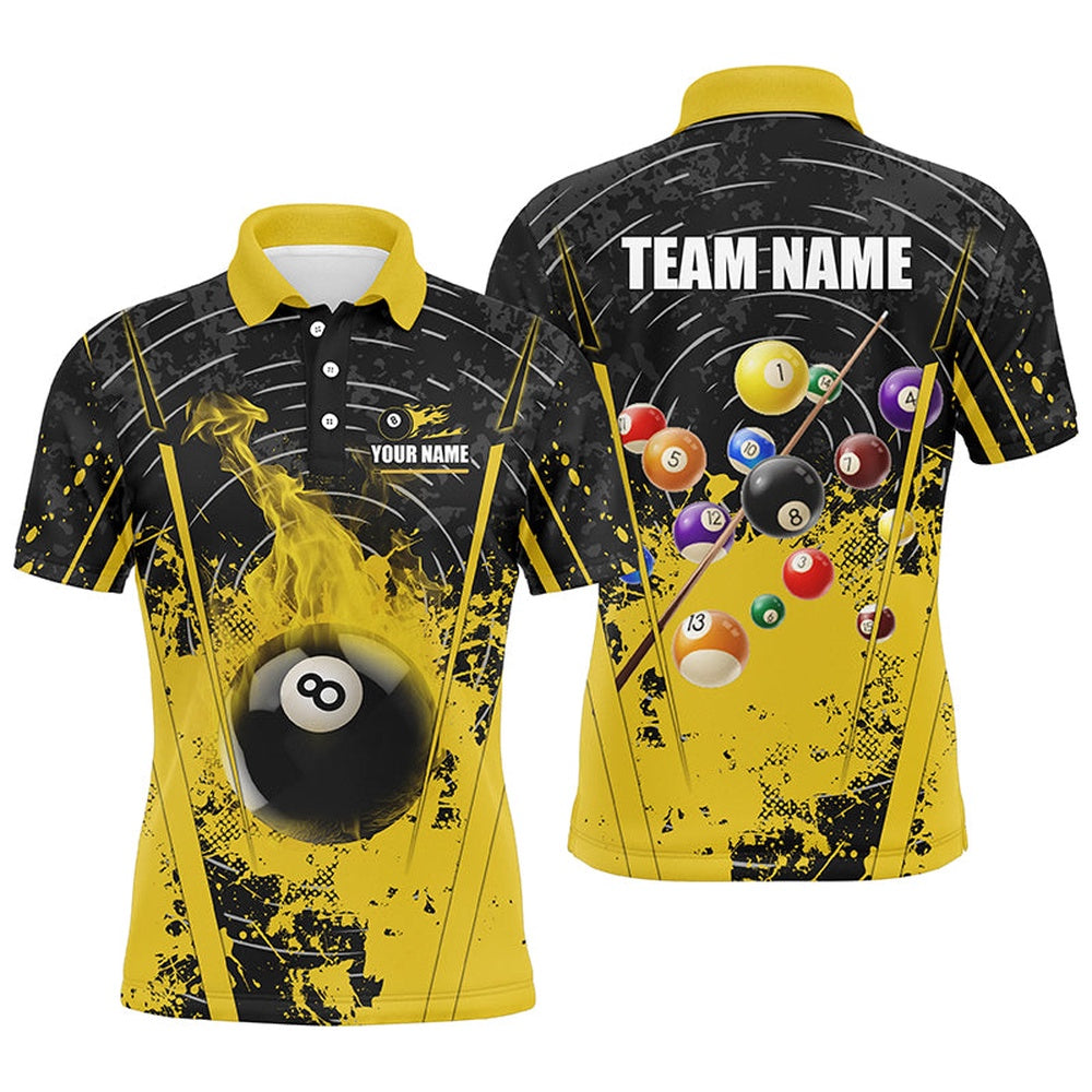 Billiard Polo Shirts, Personalized Black Yellow 8 Ball Pool Flame Paint Polo Shirts Custom Billiard Jersey Attire, Billiards Team Shirts