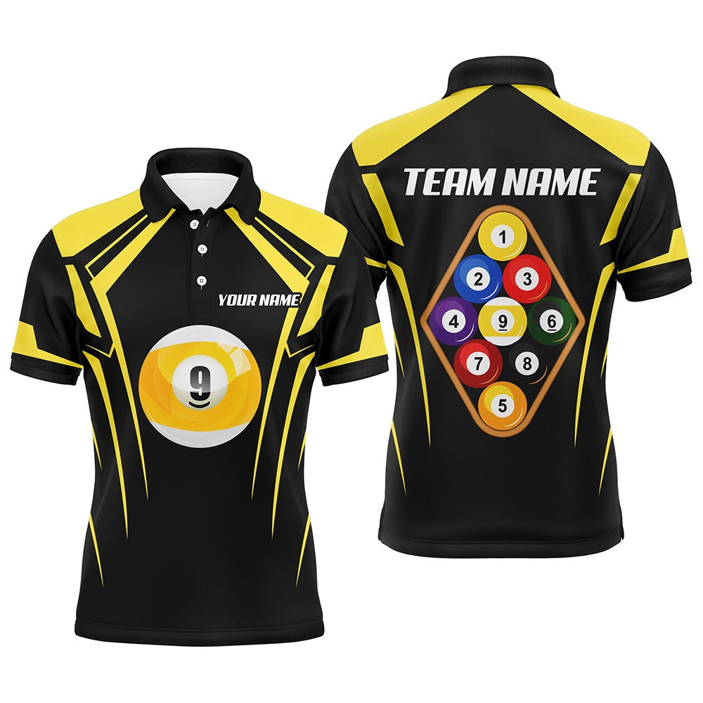 Billiard Polo Shirts, Personalized Black Yellow 9 Ball Pool 3D Polo Shirts, Custom Billiards 9 Ball Team Jerseys, Billiards Team Shirts