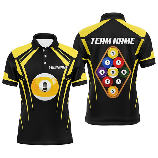 Billiard Polo Shirts, Personalized Black Yellow 9 Ball Pool 3D Polo Shirts, Custom Billiards 9 Ball Team Jerseys, Billiards Team Shirts
