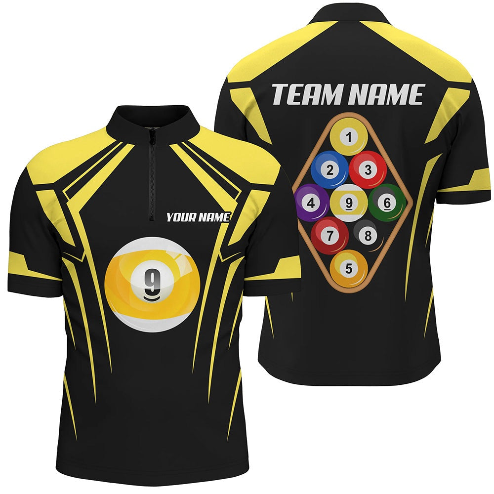 Billiard Polo Shirts, Personalized Black Yellow 9 Ball Pool 3D Polo Shirts, Custom Billiards 9 Ball Team Jerseys, Billiards Team Shirts