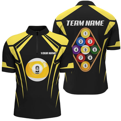 Billiard Polo Shirts, Personalized Black Yellow 9 Ball Pool 3D Polo Shirts, Custom Billiards 9 Ball Team Jerseys, Billiards Team Shirts