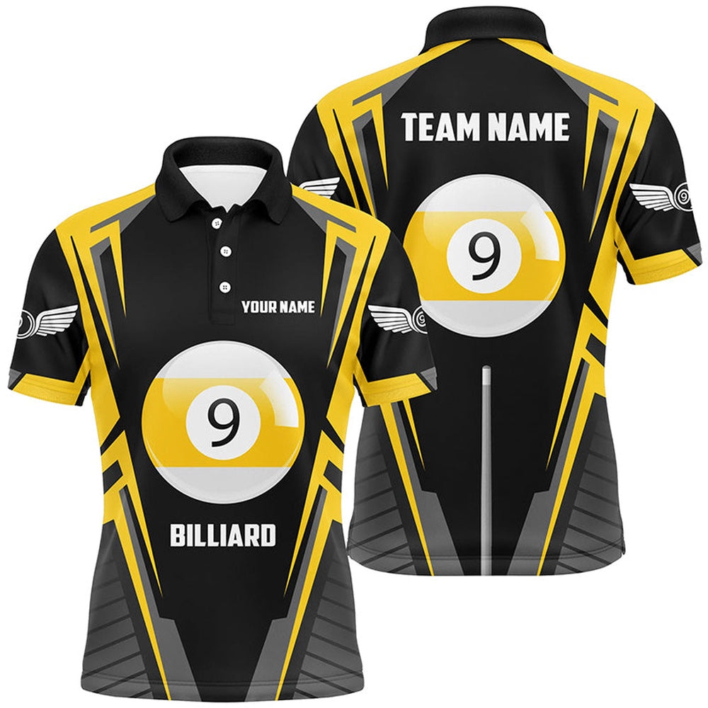 Billiard Polo Shirts, Personalized Black Yellow 9 Ball Pool Polo Shirts, Custom 9 Ball Pool Billiards Team Shirts, Billiards Team Shirts