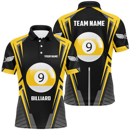Billiard Polo Shirts, Personalized Black Yellow 9 Ball Pool Polo Shirts, Custom 9 Ball Pool Billiards Team Shirts, Billiards Team Shirts