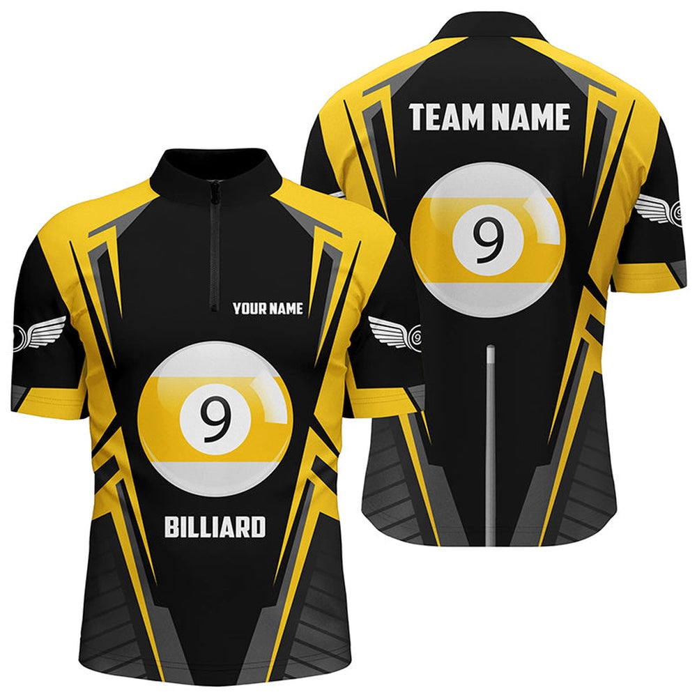 Billiard Polo Shirts, Personalized Black Yellow 9 Ball Pool Polo Shirts, Custom 9 Ball Pool Billiards Team Shirts, Billiards Team Shirts