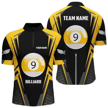 Billiard Polo Shirts, Personalized Black Yellow 9 Ball Pool Polo Shirts, Custom 9 Ball Pool Billiards Team Shirts, Billiards Team Shirts