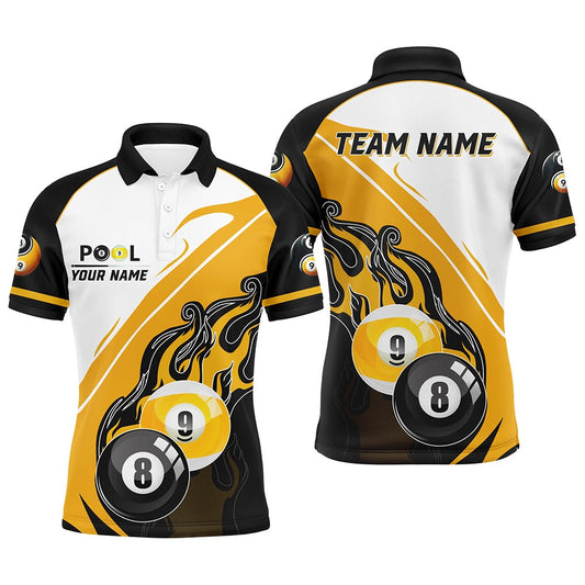 Billiard Polo Shirts, Personalized Black Yellow Billiard 8 Ball & 9 Ball Pool Polo Shirts, Billiard Attire Jerseys, Billiards Team Shirts