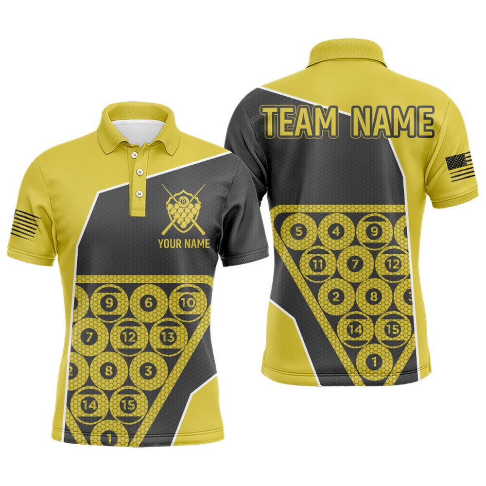 Billiard Polo Shirts, Personalized Black Yellow Billiard Jerseys Polo Shirts, Custom Jerseys Billiards Apparel, Billiards Team Shirts