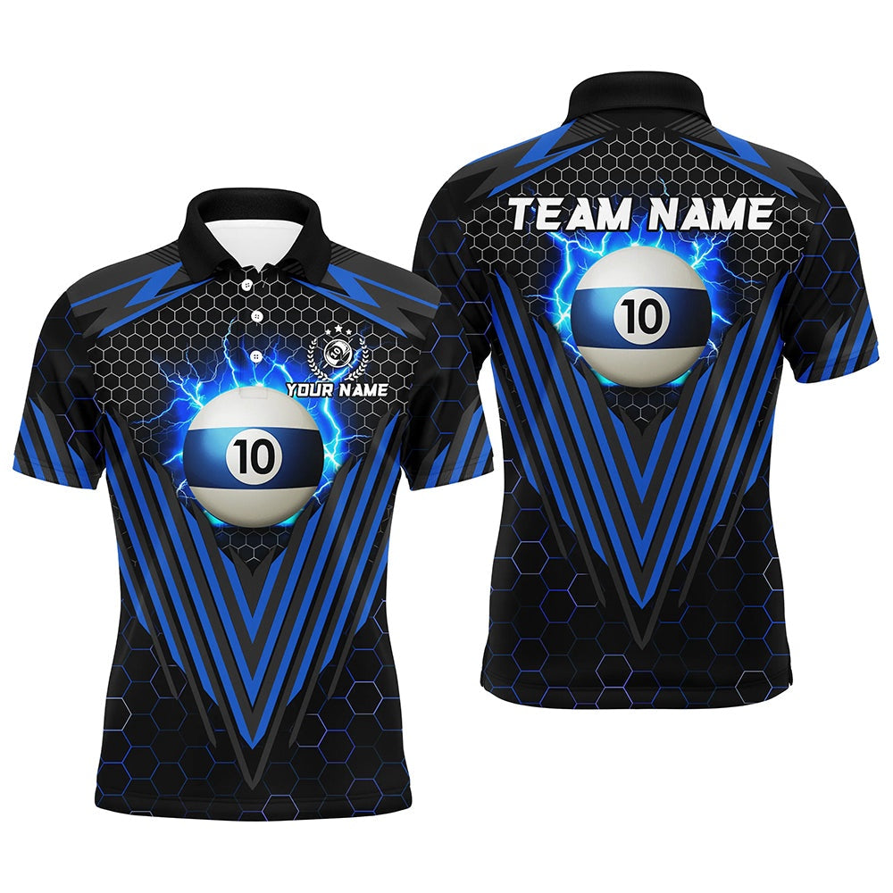 Billiard Polo Shirts, Personalized Blue 10 Ball Pool Lightning Custom Billiard Shirt, Team League Billiard Jersey, Billiards Team Shirts