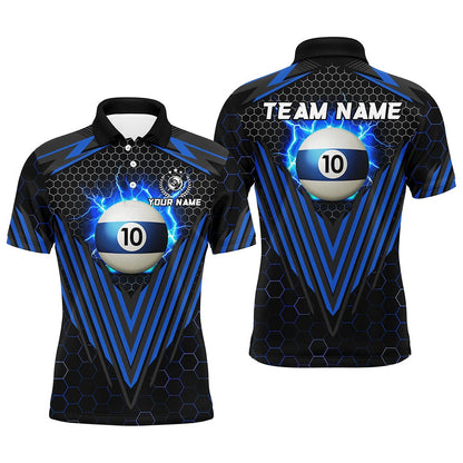 Billiard Polo Shirts, Personalized Blue 10 Ball Pool Lightning Custom Billiard Shirt, Team League Billiard Jersey, Billiards Team Shirts