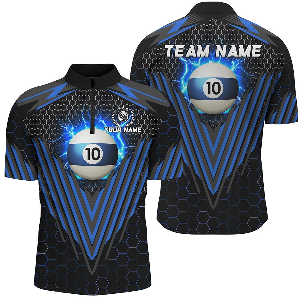 Billiard Polo Shirts, Personalized Blue 10 Ball Pool Lightning Custom Billiard Shirt, Team League Billiard Jersey, Billiards Team Shirts
