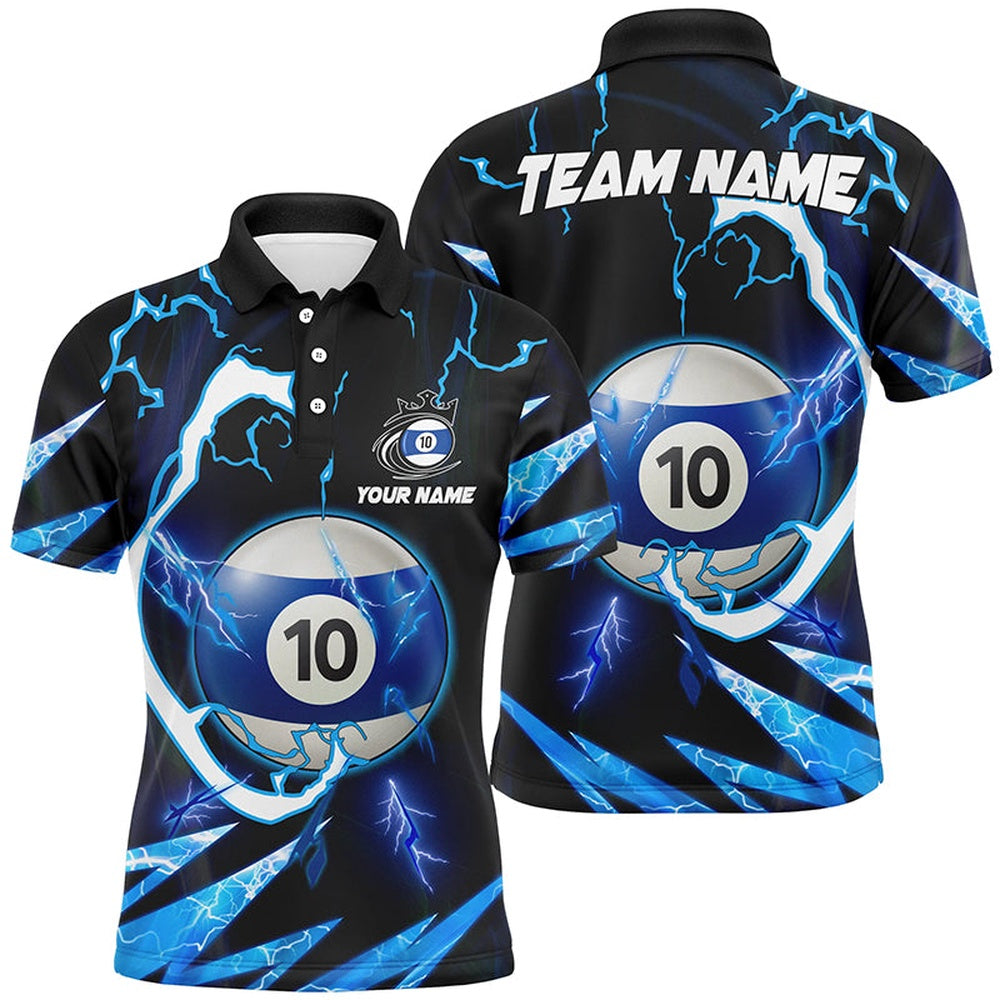 Billiard Polo Shirts, Personalized Blue 10 Ball Pool Thunder Lighting Polo Shirts Custom Billiard Team Shirts, Billiards Team Shirts