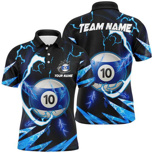Billiard Polo Shirts, Personalized Blue 10 Ball Pool Thunder Lighting Polo Shirts Custom Billiard Team Shirts, Billiards Team Shirts