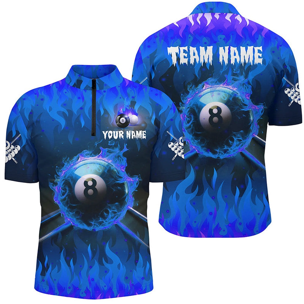 Billiard Polo Shirts, Personalized Blue 3D 8 Ball Pool & Cue Fire Polo Shirts Custom Billiard Apparel, Billiards Team Shirts