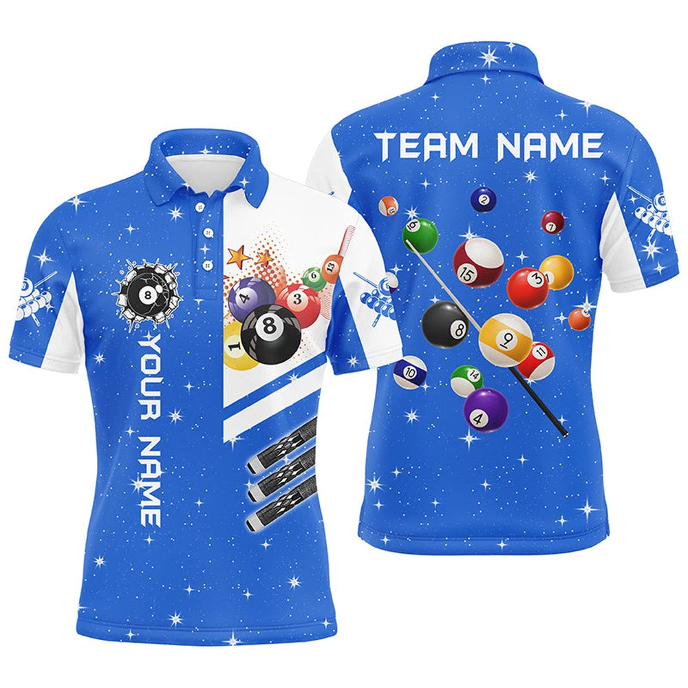 Billiard Polo Shirts, Personalized Blue 3D Billiard Balls Polo Shirts Custom Name Billiard Team League Jerseys, Billiards Team Shirts