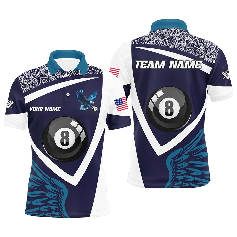 Billiard Polo Shirts, Personalized Blue 8 Ball Pool And Wings Custom Billiard Shirts, Billiard Pool Team Shirts, Billiards Team Shirts