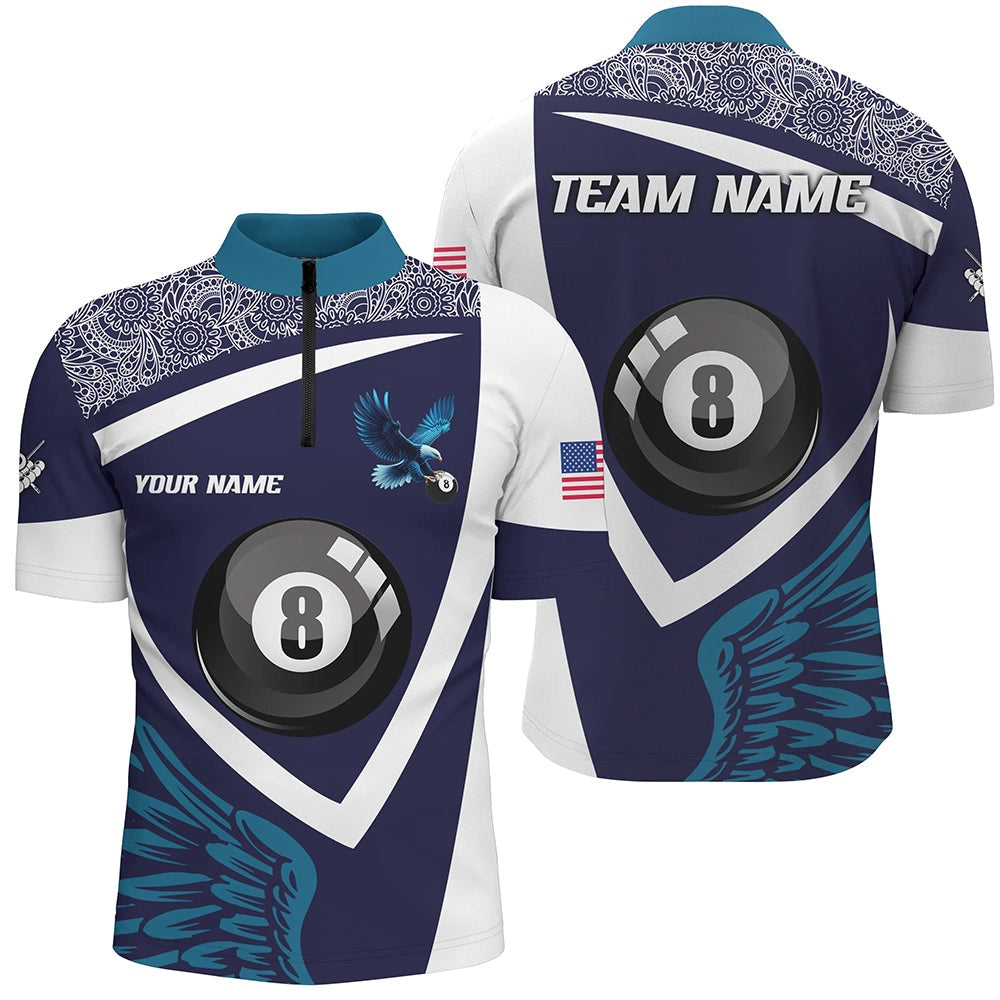 Billiard Polo Shirts, Personalized Blue 8 Ball Pool And Wings Custom Billiard Shirts, Billiard Pool Team Shirts, Billiards Team Shirts