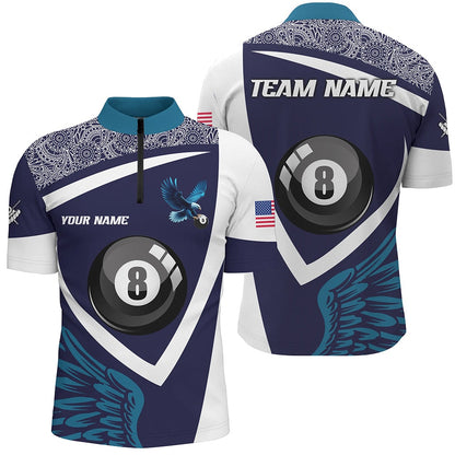 Billiard Polo Shirts, Personalized Blue 8 Ball Pool And Wings Custom Billiard Shirts, Billiard Pool Team Shirts, Billiards Team Shirts