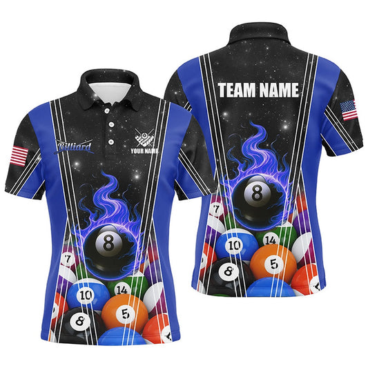 Billiard Polo Shirts, Personalized Blue 8 Ball Pool Fire Flame Billiard Balls Polo Shirt Custom Billiard Team Jerseys, Billiards Team Shirts