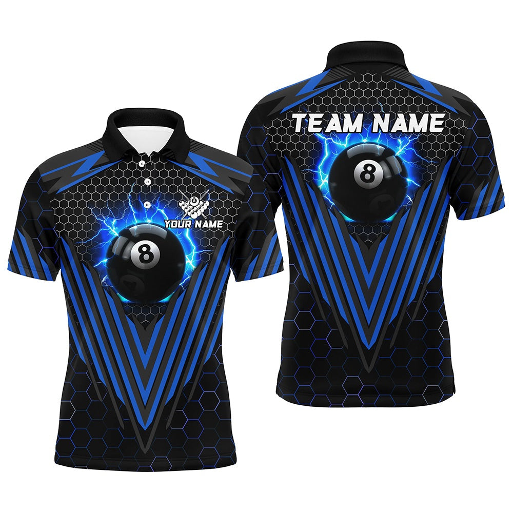 Billiard Polo Shirts, Personalized Blue 8 Ball Pool Lightning Custom Billiard Shirts, Team League Billiard Jersey, Billiards Team Shirts