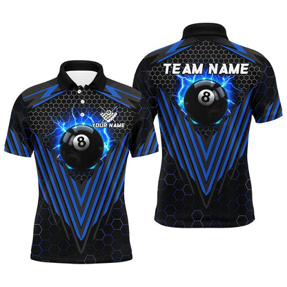 Billiard Polo Shirts, Personalized Blue 8 Ball Pool Lightning Custom Billiard Shirts, Team League Billiard Jersey, Billiards Team Shirts