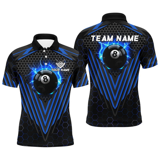 Billiard Polo Shirts, Personalized Blue 8 Ball Pool Lightning Custom Billiard Shirts, Team League Billiard Jersey, Billiards Team Shirts