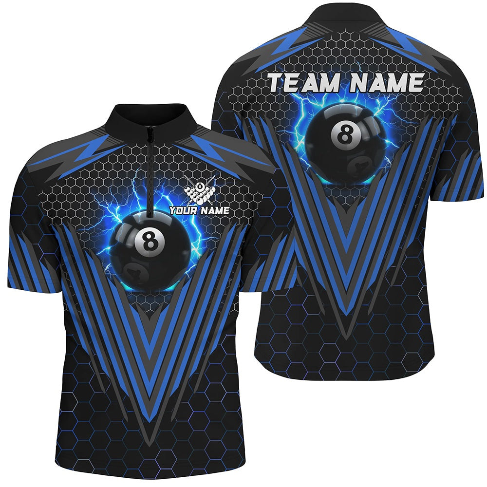 Billiard Polo Shirts, Personalized Blue 8 Ball Pool Lightning Custom Billiard Shirts, Team League Billiard Jersey, Billiards Team Shirts