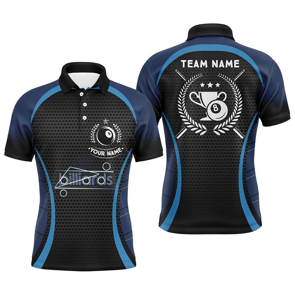 Billiard Polo Shirts, Personalized Blue 8 Ball Pool Polo Shirts, Custom Billiard 8 Ball Emblem Trophy Jerseys, Billiards Team Shirts