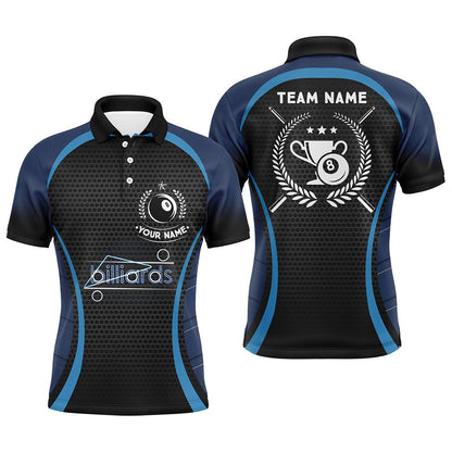 Billiard Polo Shirts, Personalized Blue 8 Ball Pool Polo Shirts, Custom Billiard 8 Ball Emblem Trophy Jerseys, Billiards Team Shirts