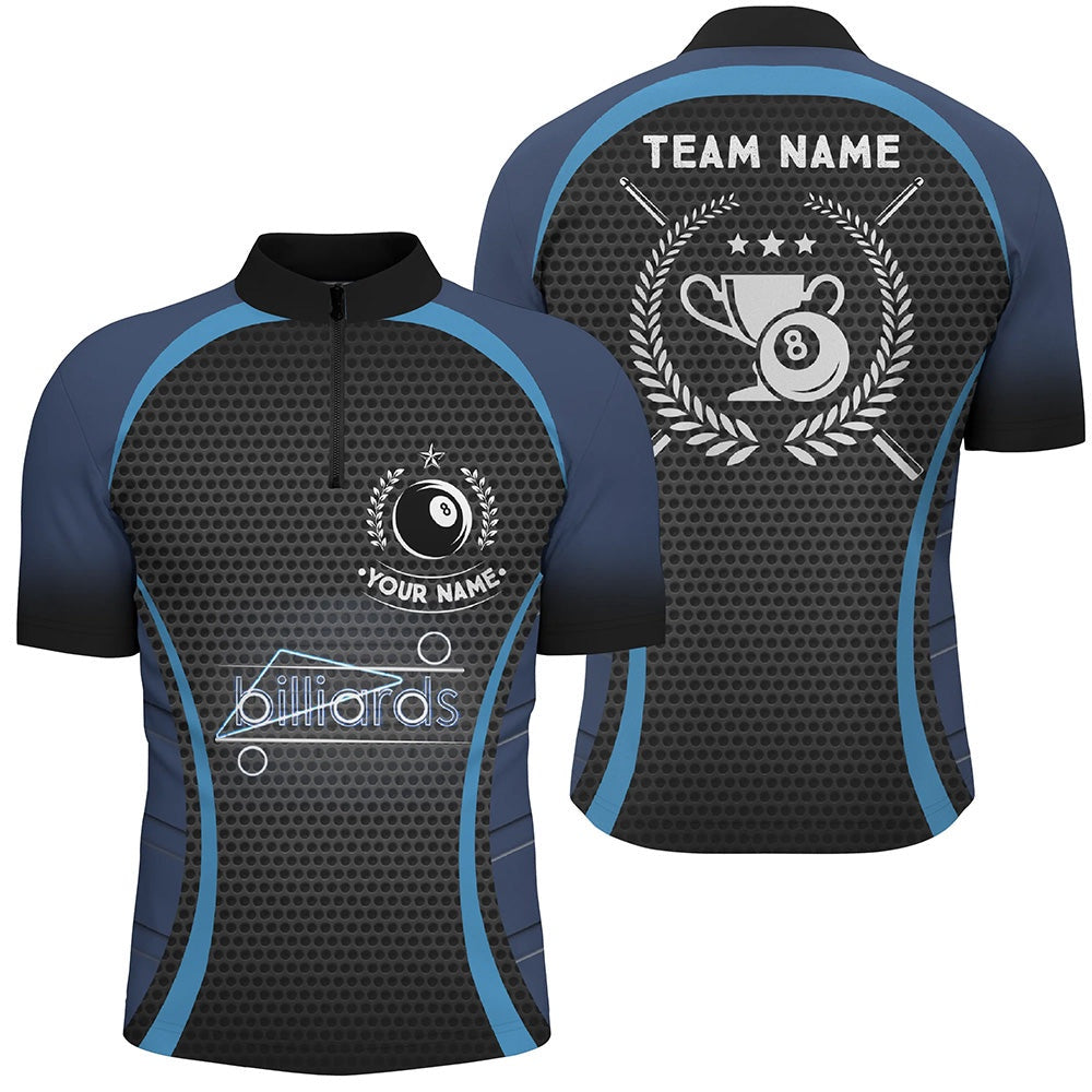 Billiard Polo Shirts, Personalized Blue 8 Ball Pool Polo Shirts, Custom Billiard 8 Ball Emblem Trophy Jerseys, Billiards Team Shirts