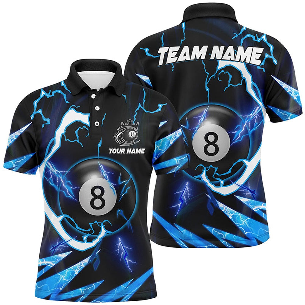 Billiard Polo Shirts, Personalized Blue 8 Ball Pool Thunder Lighting Polo Shirts Custom Billiard Team Shirts, Billiards Team Shirts