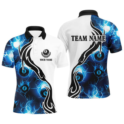 Billiard Polo Shirts, Personalized Blue 8 Ball Pool Thunder Lightning Custom Billiard Shirts Billiard Team Jerseys, Billiards Team Shirts
