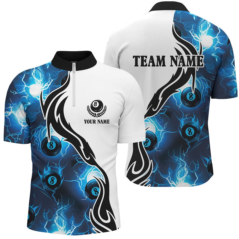 Billiard Polo Shirts, Personalized Blue 8 Ball Pool Thunder Lightning Custom Billiard Shirts Billiard Team Jerseys, Billiards Team Shirts