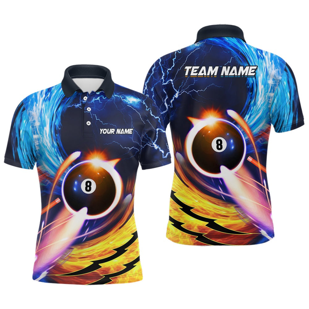 Billiard Polo Shirts, Personalized Blue And Orange Billiard 8 Ball Polo Shirts Custom Billiard Uniform For Team, Billiards Team Shirts
