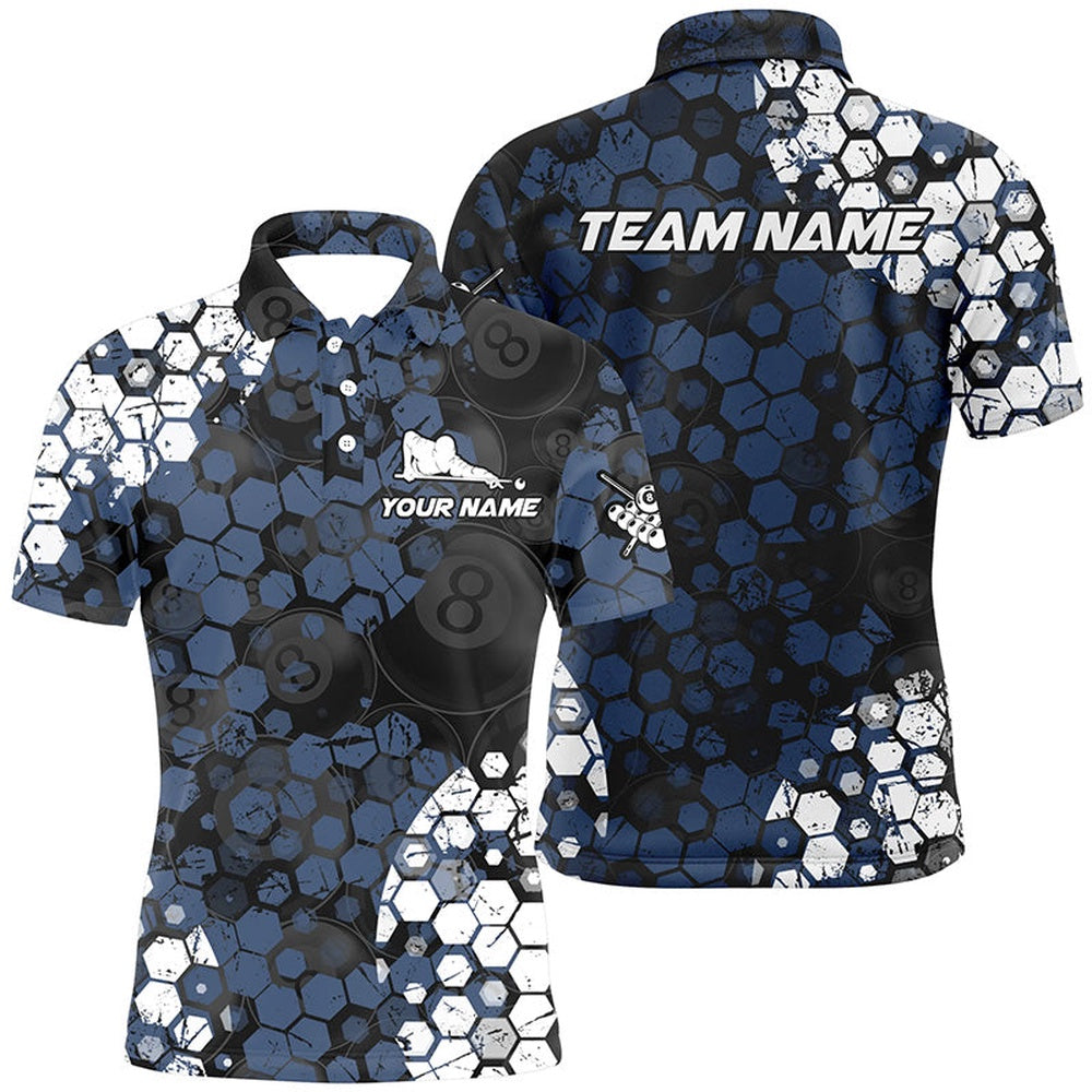 Billiard Polo Shirts, Personalized Blue And White Hive Billiard Shirts Custom Grunge Retro Billiard Jerseys, Billiards Team Shirts