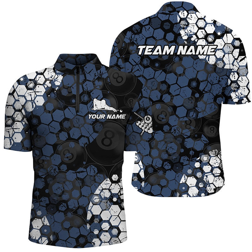 Billiard Polo Shirts, Personalized Blue And White Hive Billiard Shirts Custom Grunge Retro Billiard Jerseys, Billiards Team Shirts