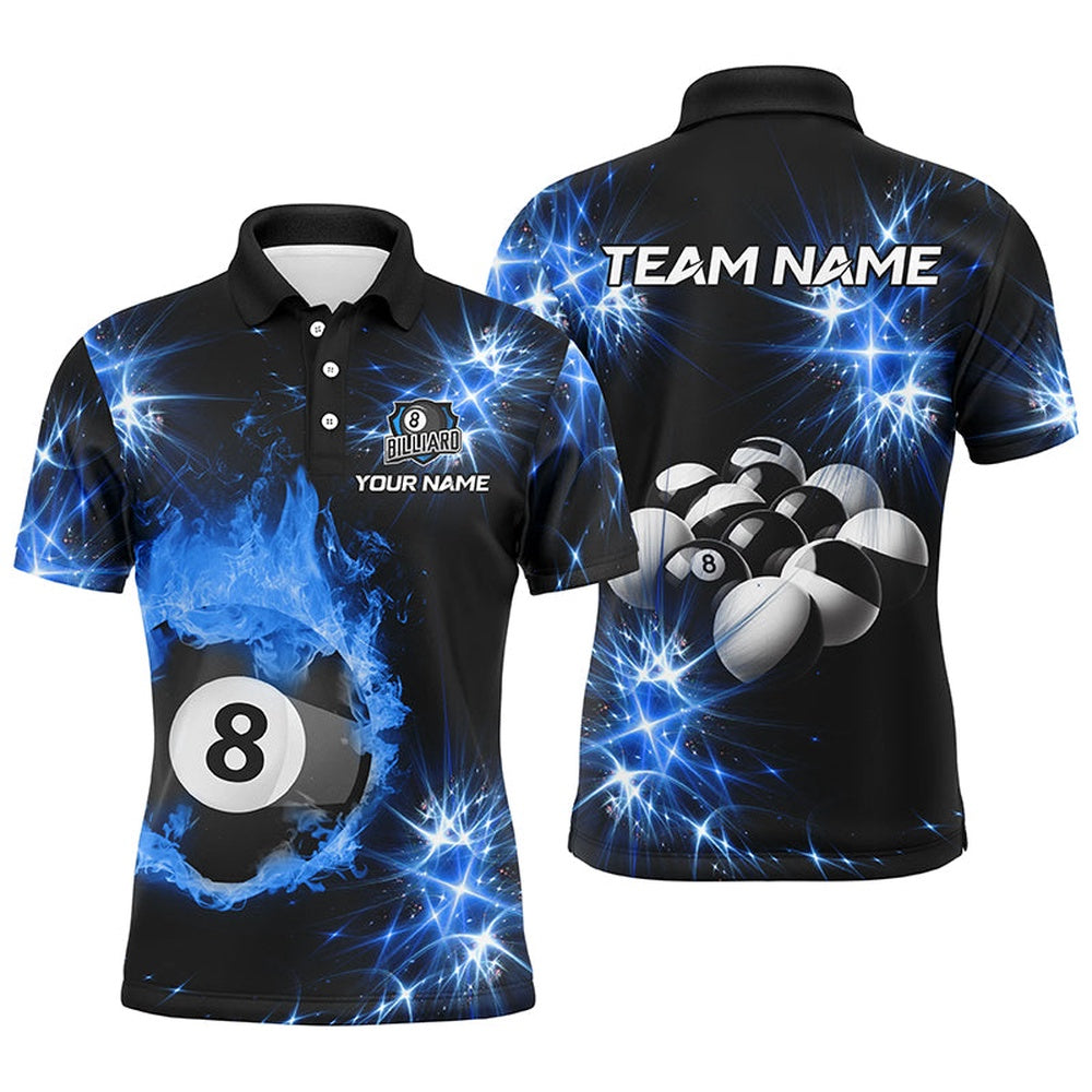 Billiard Polo Shirts, Personalized Blue Billiard Ball 8 Fire Flame Polo Shirts Custom Billiard Balls Jersey For Team, Billiards Team Shirts