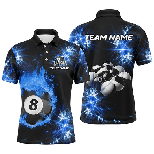 Billiard Polo Shirts, Personalized Blue Billiard Ball 8 Fire Flame Polo Shirts Custom Billiard Balls Jersey For Team, Billiards Team Shirts