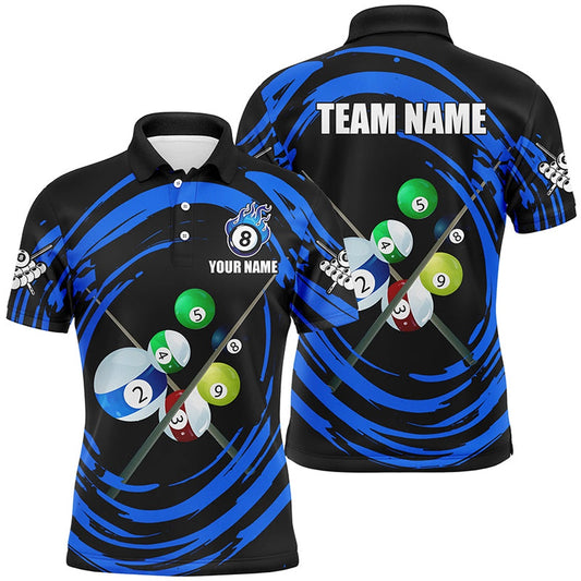 Billiard Polo Shirts, Personalized Blue Billiard Balls & Cue Wave Pattern Polo Shirts Custom Billiard Jerseys Attire, Billiards Team Shirts