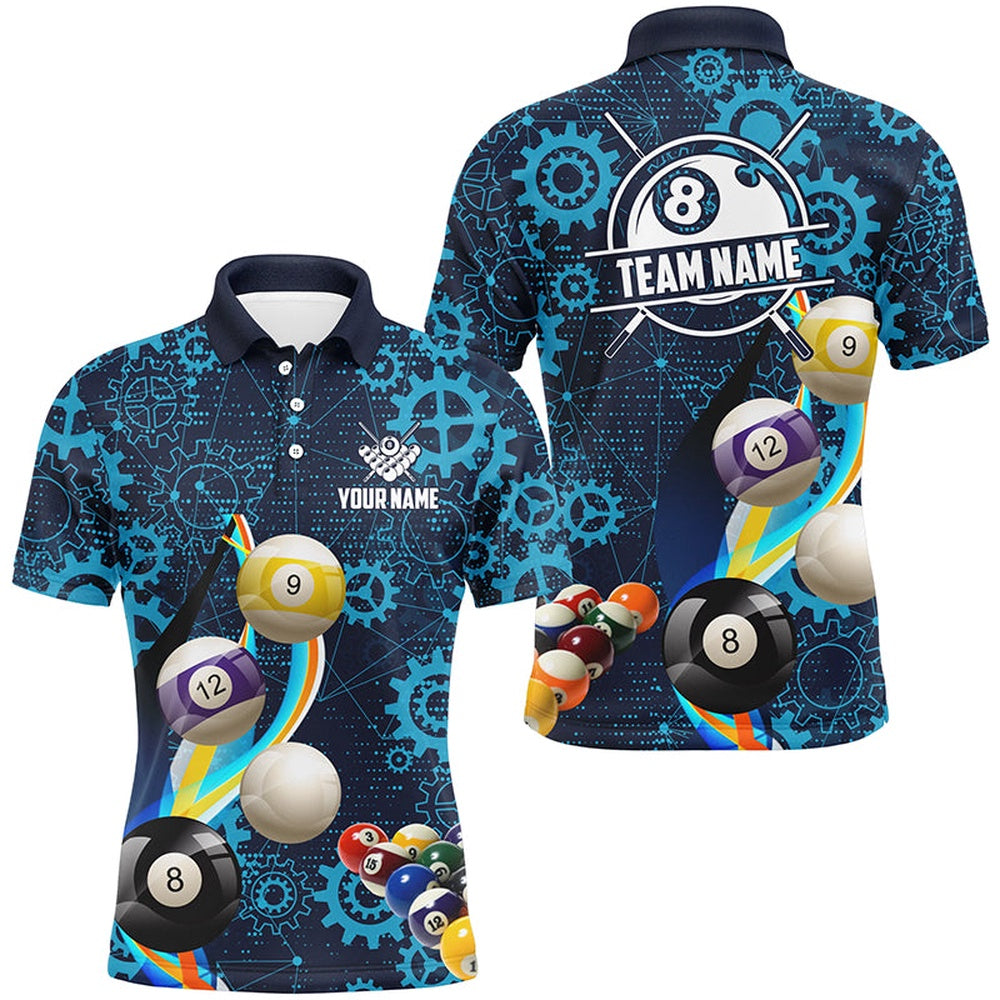 Billiard Polo Shirts, Personalized Blue Billiard Balls Gear Pattern Billiard Shirts Custom Colorful Billiard Jerseys, Billiards Team Shirts