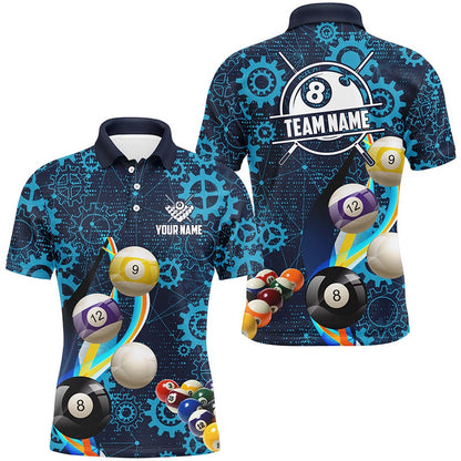 Billiard Polo Shirts, Personalized Blue Billiard Balls Gear Pattern Billiard Shirts Custom Colorful Billiard Jerseys, Billiards Team Shirts