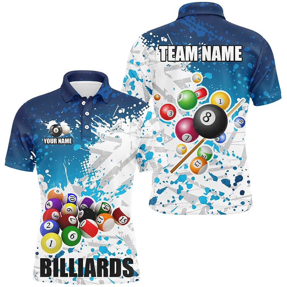 Billiard Polo Shirts, Personalized Blue Billiard Balls Paint Splash Billiard Shirts, 3D Billiard Jerseys Attire, Billiards Team Shirts