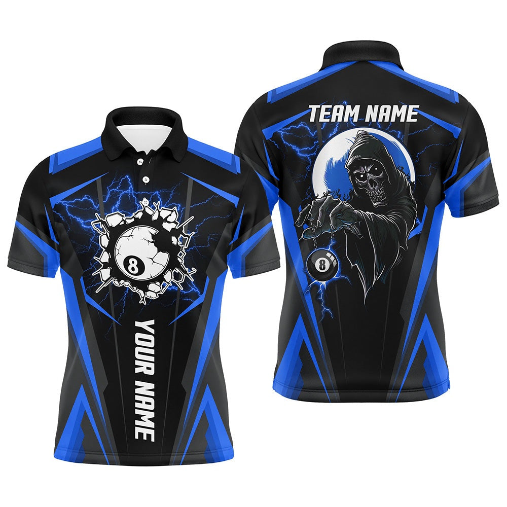 Billiard Polo Shirts, Personalized Blue Billiard Grim Reaper Polo Shirts, Custom Team League Billiard Jerseys Shirts, Billiards Team Shirts