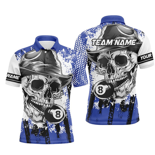 Billiard Polo Shirts, Personalized Blue Billiard Skull Holding 8 Ball Polo Shirts Custom Billiard Team Jersey Attire, Billiards Team Shirts