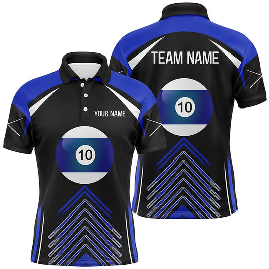 Billiard Polo Shirts, Personalized Blue Black 10 Ball Billiard Polo Shirts, Custom 10 Ball Pool Billiards Jerseys, Billiards Team Shirts