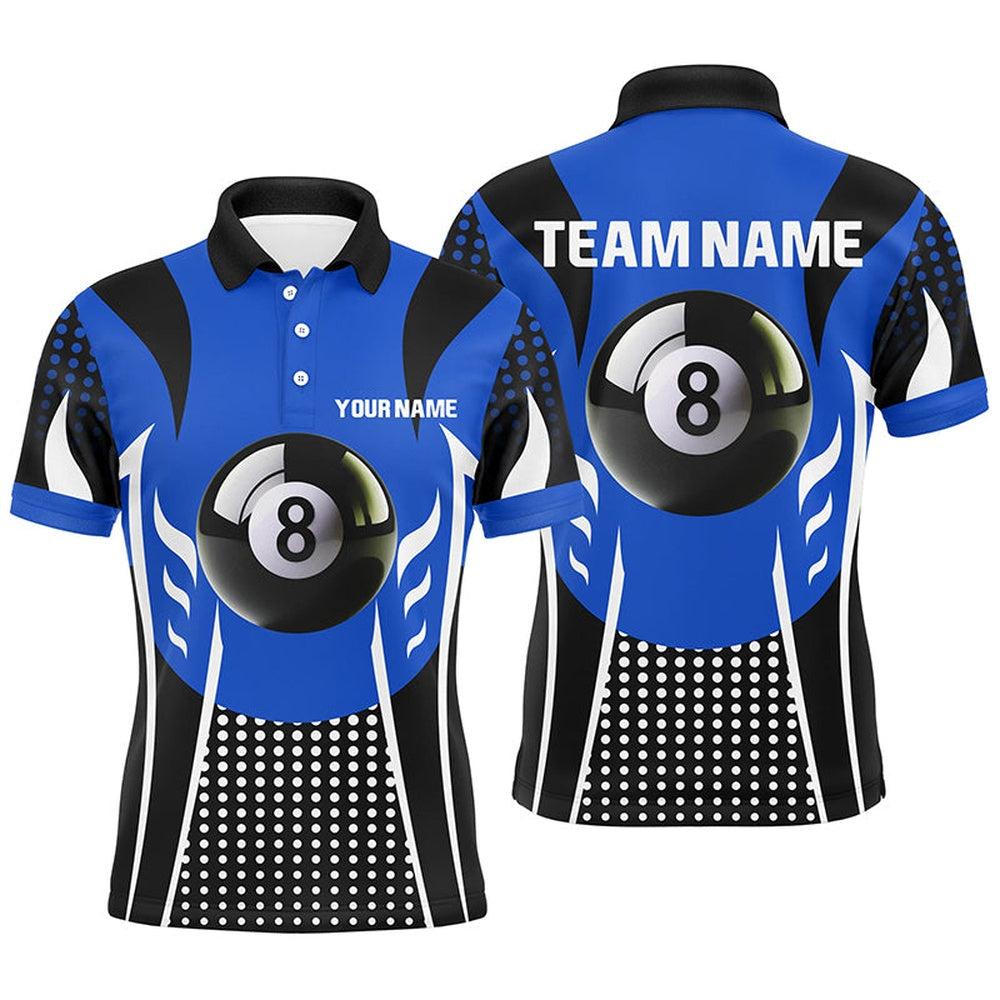 Billiard Polo Shirts, Personalized Blue Black 8 Ball Billiard 3D Polo Shirts, Custom Billiard 8 Ball Pool Jerseys, Billiards Team Shirts