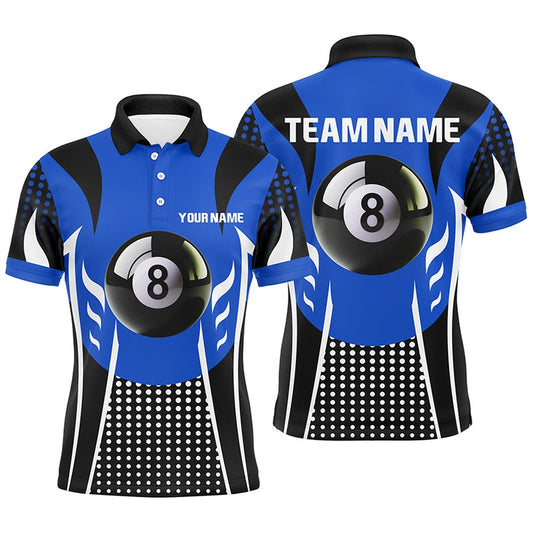 Billiard Polo Shirts, Personalized Blue Black 8 Ball Billiard 3D Polo Shirts, Custom Billiard 8 Ball Pool Jerseys, Billiards Team Shirts