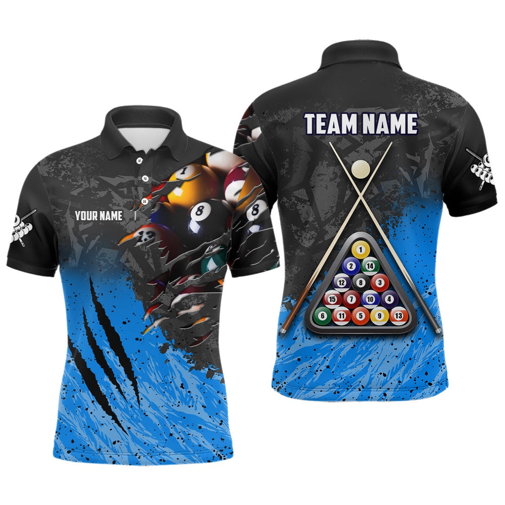 Billiard Polo Shirts, Personalized Blue Black 8 Ball Billiards 3D Shirts Custom Pool Billiards Team Jerseys, Billiards Team Shirts