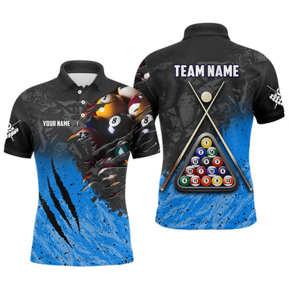 Billiard Polo Shirts, Personalized Blue Black 8 Ball Billiards 3D Shirts Custom Pool Billiards Team Jerseys, Billiards Team Shirts